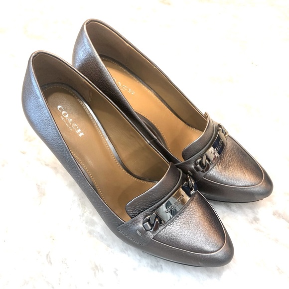 Coach Metallic Gunmetal Leather Platform Pump with Silver Coach Logo Buckle - Picture 9 of 11
